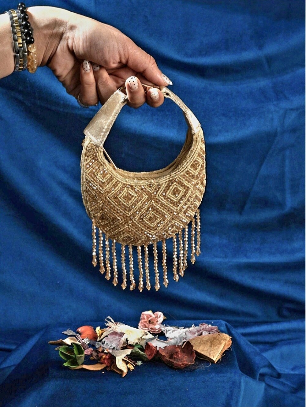 Gold Beaded Crescent Handbag with Fringe